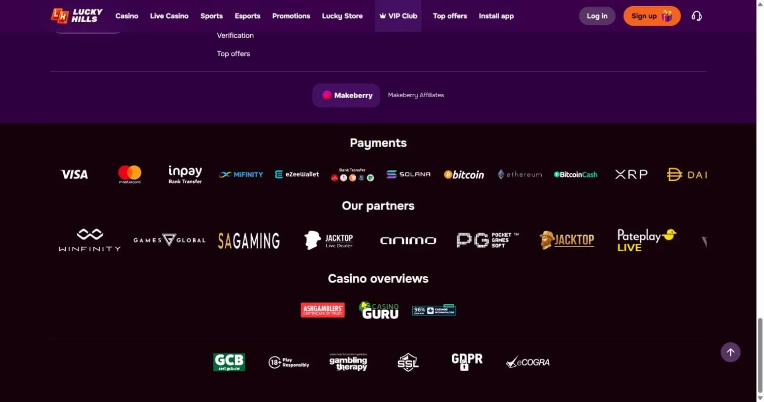 Lucky Hills Casino site footer: Makeberry platform badge, payment logos, Curaçao GCB certificate seal, 18+ notice and eCOGRA mark