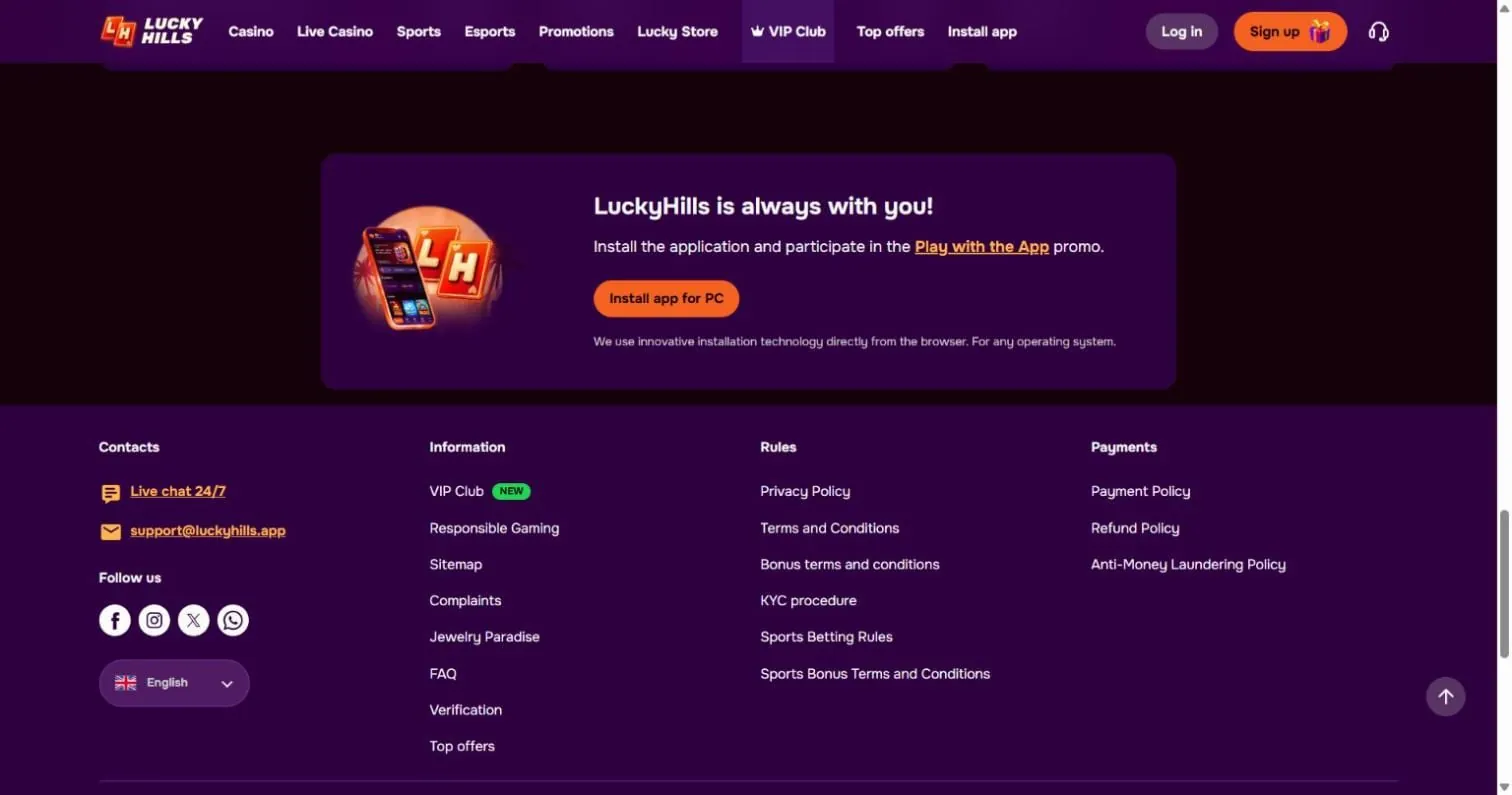 Lucky Hills Casino install-app banner and footer contacts: Install app for PC button, live chat 24/7 and support email