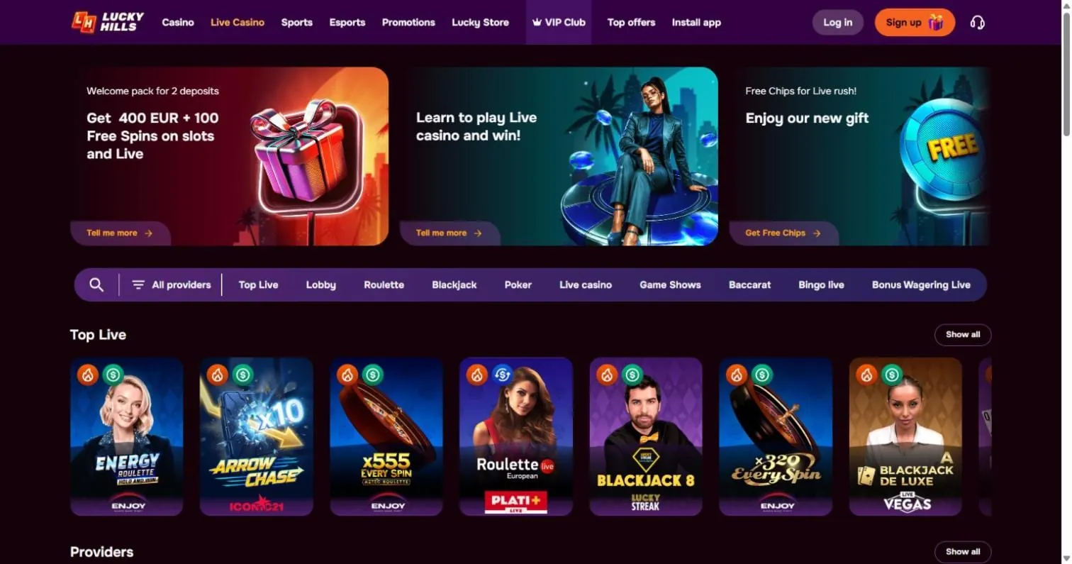 Lucky Hills Casino live casino lobby: roulette, blackjack, poker, game shows, baccarat and bingo categories with live dealer tables