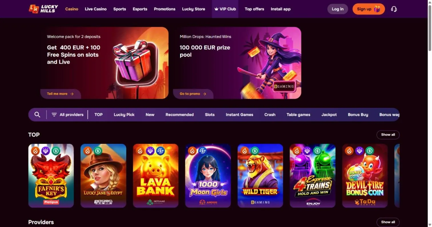 Lucky Hills Casino lobby: welcome pack banner with 100 free spins and slots, crash, table, jackpot and bonus-buy categories