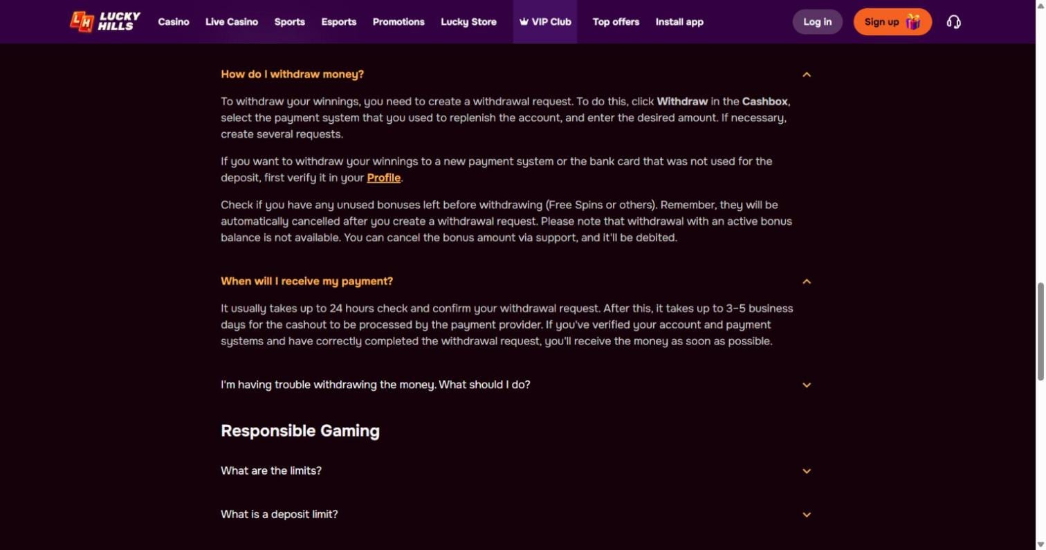 Withdrawing free spins winnings: LuckyHills FAQ on withdrawal checks and payout timing