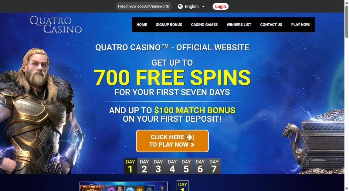 Quatro Casino 700 free spins: daily free spins for your first seven days