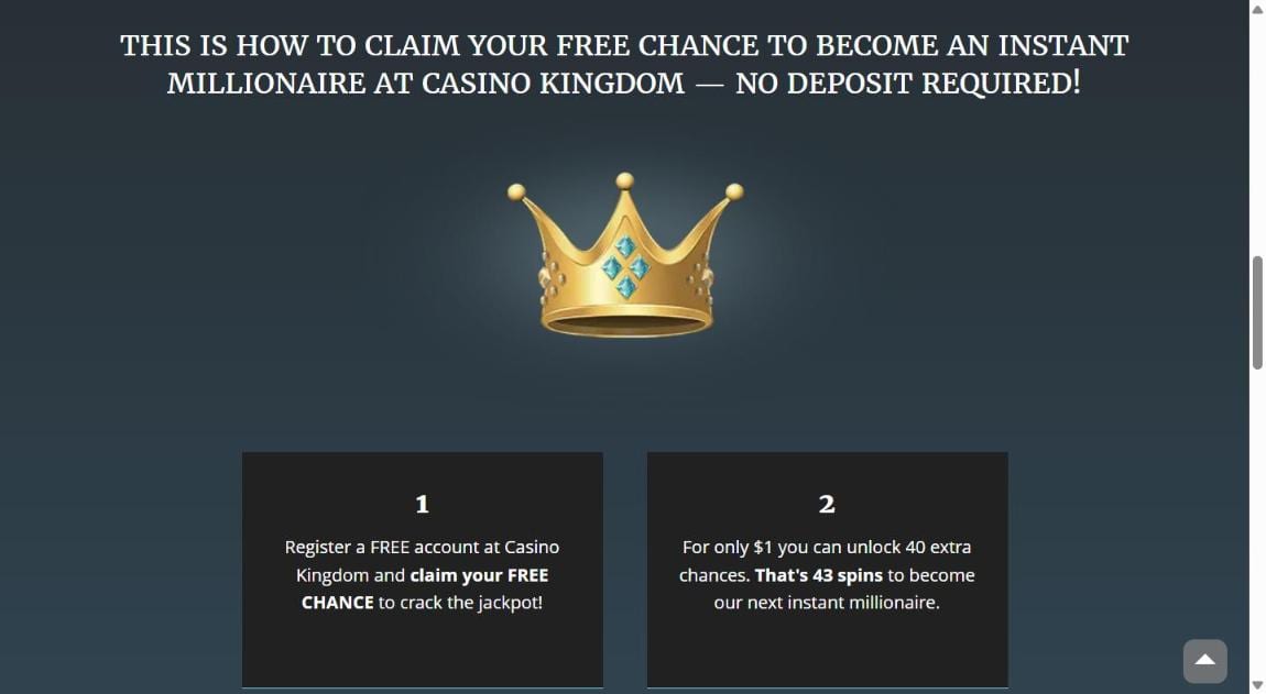 Casino Kingdom no deposit free spins: 3 free chances on sign-up plus 40 chances for C$1