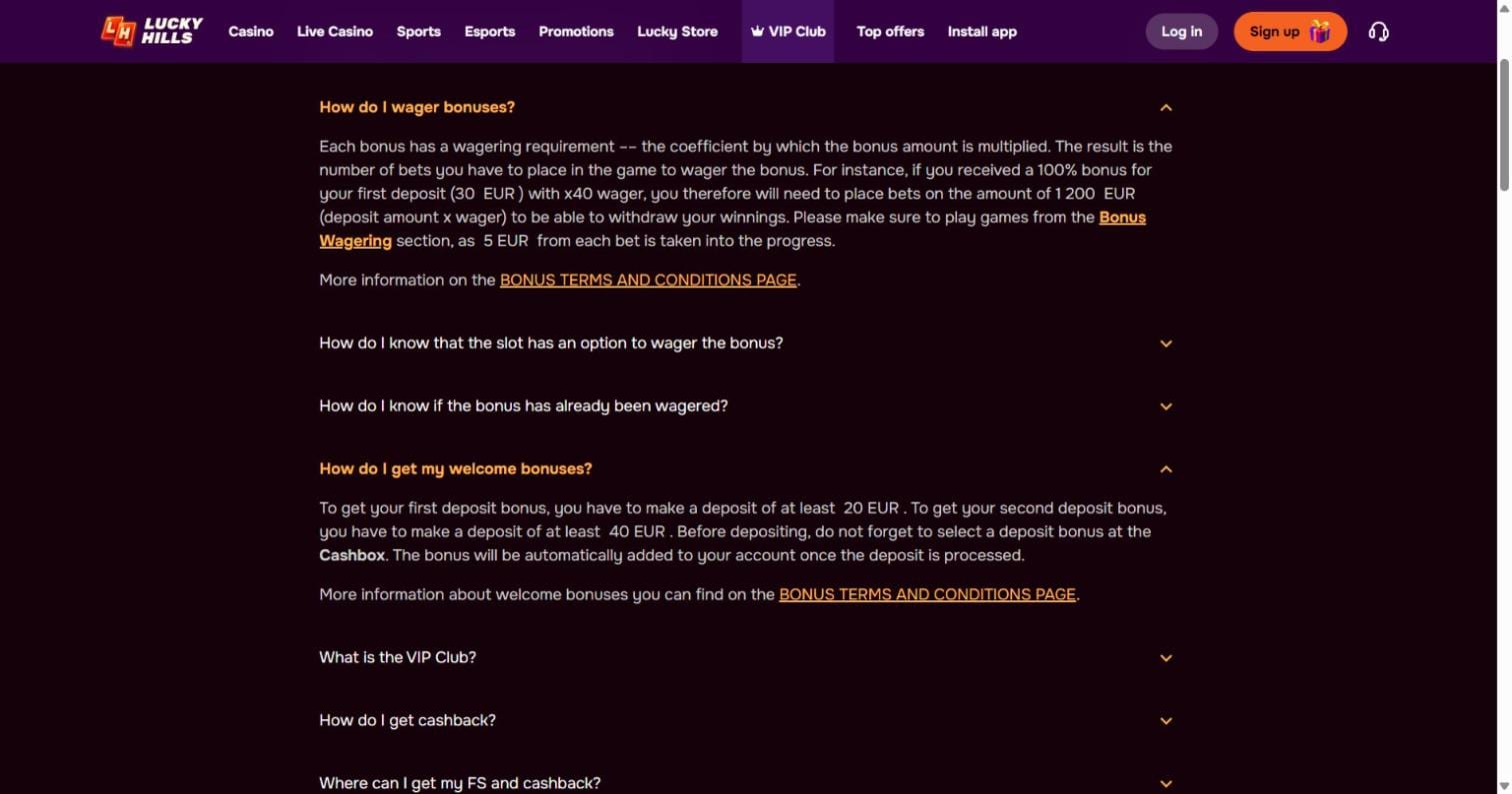 Free spins wagering requirements example: LuckyHills FAQ showing x40 wagering on a first deposit bonus